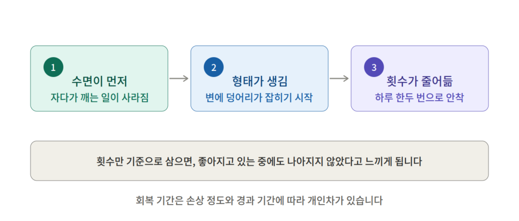 방사선 치료 후 설사의 회복 순서 — 수면 중 배변 소실, 변 형태 생성, 배변 횟수 감소
